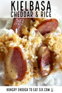 A delicious and quick dinner that is an awesome weeknight meal! Kielbasa is served up with rice and a savory, cheesy sauce. At HungryEnoughToEatSix.com.