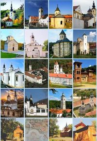 1. Beočin, 2. Mala Remeta, 3. Novo Hopovo, 4.Velika Remeta, 5. Staro Hopovo, 6. Krušedol, 7 Đipša (Divša), 8. Vrdnik, 9. Šišatovac, 10.Bešanovo, 11. Petkovica,12.Kuveždin, 13.Grgeteg, 14. Jazak, 15. Rakovac, 16.Privina glava, 17,18,19,20. Vranjaš- (najmlađi manastir izrađen od specijalnog drveta).