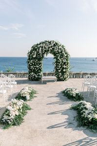 " ...From a ceremonial arch filled to the brim with luscioius white florals, to an exclusive set of tableware ordered to measure just for our beloved bride and groom, and from their greenery and white blooms laden details to their poolside reception everything worked to the finest seam! "