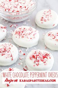 These WHITE CHOCOLATE COVERED PEPPERMINT OREOS are the perfect holiday treat! Simple to make, you will have these prepared in no time for your next Christmas party, holiday celebration or midnight snack! The kids love to help make them, too! White Chocolate Covered Peppermint Oreos Recipe Ingredients: