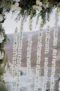 On an early summer weekend in May, guests gathered at the sunset terrace of the Royal Myconian hotel overlooking the Aegean Sea for the couple’s wedding ceremony. There, underneath a chuppah made of a mixture of white roses, peonies, olive branches, and greenery. After their first kiss, friends and family threw olive branch leaves.