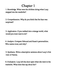 One page worth of questions for each chapter of the book The Lion, Witch and the Wardrobe by C.S. Lewis. The questions are structured after Bloom's taxonomy. This means students answer a knowledge question, a comprehension question, an application question, an analysis question, a synthesis question and an evaluation question.   Please note- this was designed for a Christian school, so there are Bible, God and Jesus related questions. Also, there is no answer key. This is largely because so many