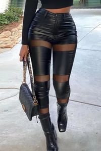 Black Fashion Casual Solid Patchwork See-through Skinny High Waist Pencil Trousers