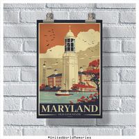 "Explore the historic charm of Maryland with our stunning travel poster. Featuring iconic landmarks and picturesque landscapes, this poster captures the essence of Maryland's rich history and unique atmosphere.  From the bustling streets of Baltimore to the tranquil beaches of the Eastern Shore, there's no shortage of beauty to be found in this fascinating state.  Take home a piece of Maryland with our travel poster and celebrate the magic of this unforgettable destination. At UnitedWorldMemories, we are committed to providing you with the highest quality travel products. From posters and postcards to stickers and magnets, each item is designed to capture the spirit of your favorite destinations and bring a touch of wanderlust to your life. We use advanced printing technologies and premium