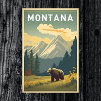 "Capture the essence of Montana's natural beauty, landmarks, and heritage with our Montana Vintage Travel Poster Print. This high-quality, vintage-inspired print is the perfect addition to your collection for travel enthusiasts. 📦 ABOUT this product- Paper thickness: 10.3 mil (0.26 mm) Paper weight: 189 g/m² Available in 2 sizes; 12'' X 18'' and 24\" X 36\". For indoor use only. Each print is assembled in the USA from globally sourced parts, ensuring that you get a quality product that you can