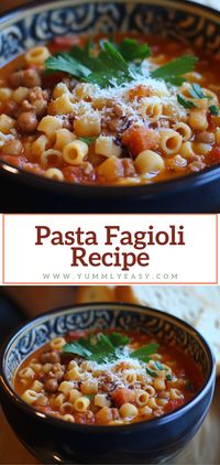 Pasta Fagioli is a hearty and comforting Italian soup made with pasta, beans, tomatoes, and vegetables in a savory broth. Perfect for a cozy meal, this dish is both filling and full of flavor. via @https://www.pinterest.fr/YummlyEasy/