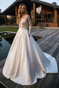 Lace Long Sleeve Wedding Dress with Silk Skirt, Silk Wedding Dress | Florence Wedding Fashion Summer Collection | ElegantWedding.ca