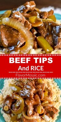 Beef Tips and Rice, with sautéed onions and peppers covered in a savory gravy, made in a dutch oven or crockpot, make an easy, delicious, and hearty dinner your family will love. #BeefTips #BeefTipsAndRice #Beef #FlavorMosaic