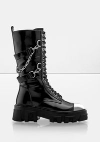 Bring the noise✦ Black patent faux leather lace-up boots   ✦ Functional laces thread through silver hook and eyelets – full-length side zipper for ease and comfort ✦ Boot rises to mid-calf length  ✦ Patent faux-leather straps and silver chains attach to silver D-rings with lobster clasps  ✦ Shiny smooth patent faux lea