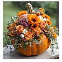 Celebrate the cozy charm of the autumn season with our Fresh Gourdgeous Flower Arrangement. Crafted with love and creativity, this unique arrangement combines the warmth of fall with the beauty of fresh flowers, all nestled within a delightful pumpkin vase. Available in three sizes, our Pumpkin Harvest arrangement is the perfect centerpiece for your fall festivities. This is a seasonal design for fall. We like you to be able to see our amazing products year round. We offer a style of this custom