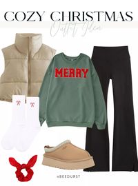 Cozy Christmas outfit, casual Christmas outfit, winter outfit, flared leggings, crewneck Christmas sweater, puffy vest, Ugg Tazz, Christmas socks, festive outfit,