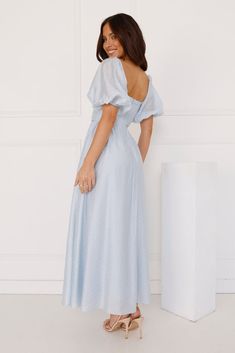 Length from shoulder to hem of size S: 131cm. Chest: 35cm, Waist: 31cm, across front only of size S. Midi dress. Lined. Model is a standard XS and is wearing size XS. True to size. Non-stretch. V-neck. Elastic puff sleeves. Textured fabrication. Flowy skirt. Split to skirt. Elastic back. Zipper. Cold hand wash only. Tencel/Nylon/Rayon. The dreamiest dress is here, lovely! For lovers of effortless style, be seen in the Gentle Breeze Midi Dress. Featuring a V-neck, elastic puff sleeves and a flowy skirt. Dress it up with heels or keep it simple with sandals.