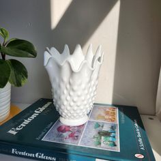 a white vase sitting on top of a book next to a potted green plant