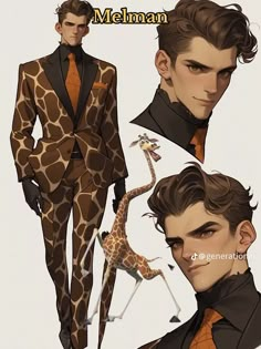 a drawing of a man in a suit and tie with giraffes behind him