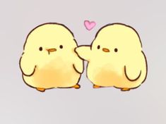 two yellow chicks facing each other with a pink heart