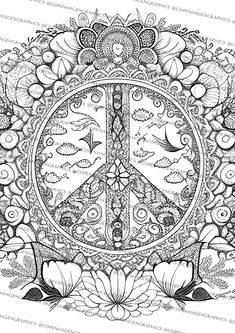 the peace sign is surrounded by flowers and birds in this intricate coloring page for adults