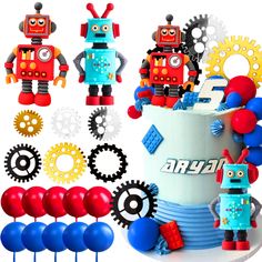 a birthday cake decorated with robots and balloons