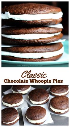 chocolate whoopie pies are stacked on top of each other with white frosting