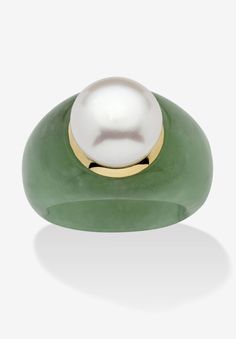 Be seen in green and white. Lavish your finger in this undeniably attractive standout green jade ring. This slick jade ring showcases a luminous 11 mm cultured freshwater pearl. It's the go-to ring that will lend a trend-setting flair to any outfit. 10k gold. Sizes 6-10. As this item contains genuine jade, the actual stone colors may vary slightly. We recommend ordering one size up for this style.10k Yellow GoldMain Stone: 1 Round Freshwater-Cultured Pearl, 11 mm x 11 mm1 Special Cabachon Cut Ge Aesthetic Pearls, Green Jade Ring, Halo Engagement Ring Sets, Black Jade, Freshwater Pearl Ring, Palm Beach Jewelry, Black Pearls, Bold Jewelry, Opal Earrings Stud