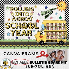 a school bus with pictures on it and the words rolling into a great school year