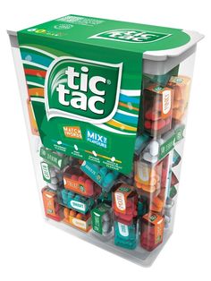 a display case for tic tac mix in various colors and sizes, with the lid open