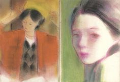 two different colored drawings of women with one woman looking at the camera and the other showing her face