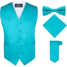 Dress to impress in a complete, cohesive look with this gorgeous dress vest set. Available in an exceptionally exciting range of colors and featuring a satin finish vest and a matching bow tie, neck tie, and pocket hankie, it s an easy way to accessorize for any formal occasion. A perfect choice for wearing to a once-in-a-lifetime event or including as part of a regular, day-to-day outfit, this vest and its accessories are super mixable and matchable, leaving you with endless opportunities to fa Mens Wardrobe Essentials, Wedding Vest, Mens Wardrobe, Bow Tie Shirt, Teal Tie, Christmas Suit, Mens Suit Vest, Dress Vest, Fancy Costumes