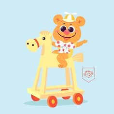 a cartoon bear riding on top of a wooden toy horse with polka dot shirt and hat