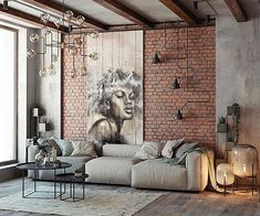 a living room with brick walls and a large painting on the wall above it's couch