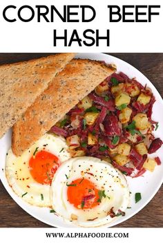 a white plate topped with hash browns and eggs