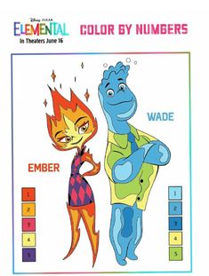 the color by numbers book features an image of two cartoon characters, one with fire and another