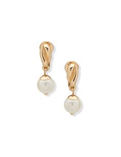 Anne Klein Gold Tone Twisted Button With Pearl Drop Clip On Earrings Hoco Jewelry, Pearl Statement Earrings, Chic Earrings, Gold Clips, Pearl Drop, Faux Pearl, Ear Piercings