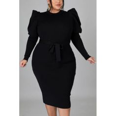 Look and feel beautiful in this Plus Size Puff-Sleeve Casual Belted Midi Dress! Its adjustable belted waist creates a flattering silhouette, with stylish puff sleeves that add an eye-catching touch. Show off your curves in this midi dress and turn heads wherever you go. Decoration Length Knee-Length Style Casual , Brief Fabric Type Blended fabrics Material Polyester , Lanon Neckline Round Pattern Type Solid Season Spring / Autumn Silhouette Sheath Sleeve Length Full Belted Puff Sleeve Midi Dress For Work, Belted Midi Puff Sleeve Dress For Work, Black Midi Dress With Elastic Sleeves For Fall, Belted Puff Sleeve Dress For Work, Black Long Sleeve Belted Dress For Spring, Chic Belted Dresses With Puff Sleeves, Black Puff Sleeve Dress With Lantern Sleeves, Elegant Midi-length Belted Puff Sleeve Dress, Workwear Belted Puff Sleeve Dress