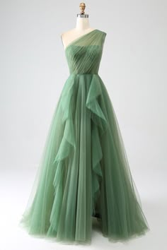 Strapless Tulle Dress For Banquet, Green Off-shoulder Gown For Banquet, Green Off-shoulder Prom Dress, Sleeveless One Shoulder Wedding Dress With Sweep Train, Sleeveless One Shoulder Dress With Sweep Train For Wedding, Green Tulle Bridesmaid Dress For Party, Green Strapless Evening Dress For Prom, One Shoulder Summer Prom Gown, Elegant Green Strapless Dress For Banquet