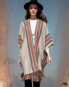 Zlily - Long Tassel Shawl Outerwear with Loose Fit Knitted Cardigan Casual Knit Outerwear With Fringe, Beige Fringe Casual Sweater, Casual Winter Poncho With Tassels, One Size Fringe Cardigan For Fall, Casual Long Fringe Outerwear, Bohemian Knit V-neck Outerwear, Winter Shawl With Tassels, Fringe Shawl Cardigan For Fall, Beige Fringe Cardigan For Spring