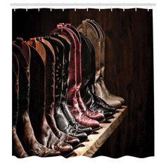 Measurements - 105” wide x 69” long. No liner needed. 14 hooks included. Made in Turkey. Ambesonne | Ambesonne Western Shower Curtain Cowgirl Rodeo brownPolyester | 105" H X 69" W | Wayfair Western Shower Curtain, Rodeo Boots, Rodeo Cowgirl, Boots Patterns, Sheer Curtain Panels, Modern Curtains, Sorel Winter Boot, Western Decor, Curtain Decor