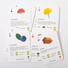 four playing cards with pictures of different things on them, including flowers and mushrooms are shown here