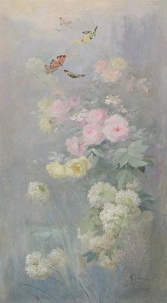 a painting of flowers in a vase with butterflies flying over it on a gray background