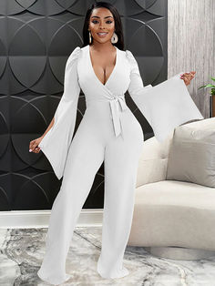 Material:80-90% Polyester. Features: Long sleeve. split. deep v-neck. tie up. solid color. sexy. wide leg. jumpsuits.Style:Casual. Angel Costume Ideas, Boujee Dresses, Business Casual Skirt, Hollywood Glam Wedding, White Party Outfit, Elegance Dress, Classy Jumpsuit, Bandage Jumpsuits, Stain On Clothes