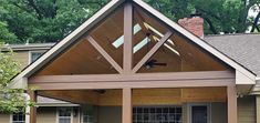 a wooden covered porch in front of a house