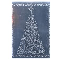 a blue and white christmas card with a tree on it