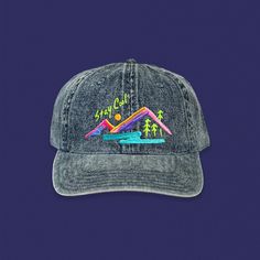 As child of the early 90s, I felt like it was high time I came up with a design that felt 90s, on an equally retro hat. Embroidered with the highest quality thread and designed, digitized, and embroidered by me in my studio (no outsourcing!). If you're looking for a unique hat designed and made here in the United States by a real person, look no further.  Embroidered directly a super retro, two-toned dad hat, that's sure to become your new favorite.  Hat specs:  100% Cotton Unstructured Soft Cro Casual Curved Brim Hat With Graphic Print, Retro Dad Hat With Embroidered Logo, Retro Baseball Cap With Embroidered Logo, Vintage Dad Hat With Embroidered Logo, Retro Cotton Cap, Retro Hats With Embroidered Logo And Curved Bill, Vintage Cotton Baseball Cap For Winter, Retro Blue Hat With Embroidered Logo, Retro Fitted Cap With Embroidered Logo