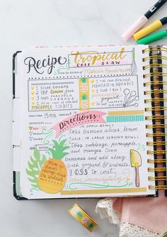 the recipe book is open and ready to be filled with ingredients for making pineapples