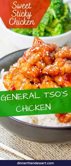 general tso's chicken is served with broccoli and sweet sticky chicken