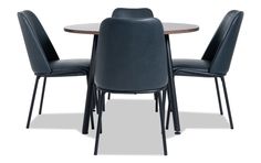 a table with four chairs around it and a round wooden table on one side that has black metal legs