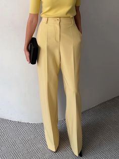 High Waist Urban Plain Fashion Pants Wide Leg Pants Short Women, Trendy Full-length Office Pants, Trendy Full Length Pants For Office, Trendy Full Length Office Pants, Yellow Straight Leg Pants For Workwear, Casual Yellow Bottoms For Office, Yellow Office Bottoms For Summer, Fitted Yellow Bottoms For Office, Yellow Bottoms For Office Spring Season