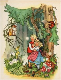 an illustration of two children in the woods