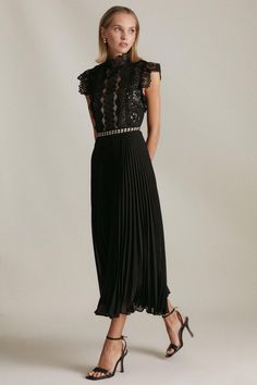 Petite Guipure Lace Woven Pleat Midi Dress Classy Maxi Dress, Guipure Dress, Guipure Lace Dress, Petite Midi Dress, Lace Weave, Black Lace Midi Dress, Guipure Lace, Pleated Midi Dress, Black Lace Dress