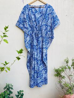 "These Kaftan we make from pure cotton Cambric 60 x 60 count thread  Handblock print fabric. Handblock print gives it  very unique look. Size= Length 50\" Free size in chest . ." Blue Cotton Kaftan For Vacation, Blue Free Size Cotton Kaftan, Blue Cotton Kaftan In Free Size, Blue Cotton Kaftan For The Beach, Bohemian Blue Sleepwear For Vacation, Blue Bohemian Sleepwear For Vacation, Cotton Short Sleeve Kaftan With Floral Print, Cotton Floral Print Kaftan With Short Sleeves, Short Sleeve Cotton Kaftan With Floral Print