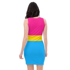 Feel amazing in this minimalist color block pansexual flag dress. This stunning pan pride dress is soft, stretchy and comfortable and the bodycon effect is very flattering. Being a sleeveless tank style dress it is suitable for all kinds of occasions from pride events to summer festivals or simply take with you on vacation. Whilst the pansexual colors are bold they are arranged in a stylish way and you'll love the way it stretches in all the right places and is so easy to wear it feels like a se Spring Fitted Color Block Tank Top, Fitted Color Block Tank Top For Spring, Multicolor Sleeveless Fitted Bodycon Dress, Stretch Sleeveless Color Block Dress, Multicolor Fitted Sleeveless Bodycon Dress, Fitted Color Block Sleeveless Summer Dress, Sleeveless Multicolor Fitted Bodycon Dress, Fitted Sleeveless Color Block Dress For Summer, Multicolor Color Block Sleeveless Summer Dress